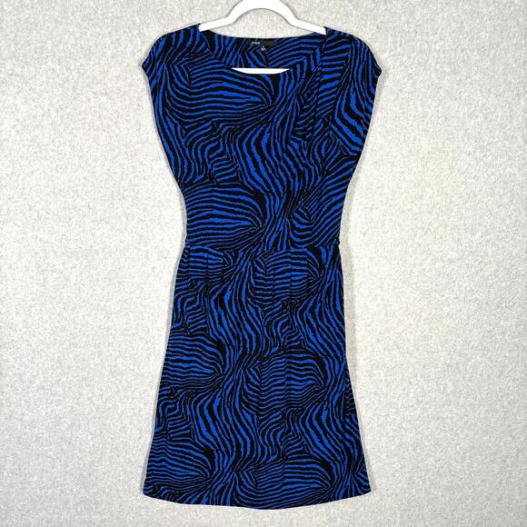 Chaus Dress Womens Small Blue Animal Zebra Asymmetric Pleated Skirt Belt 80s - Picture 1 of 14